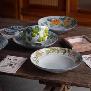 景德镇陶瓷盘盘子高温釉手下彩中IAS式工手绘盘的家用深寸螺纹8盘