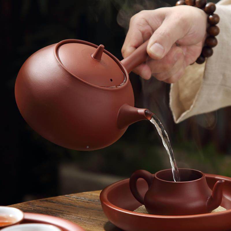潮州朱泥陶壶粗陶煮陶茶 壶烧水CYF壶 紫电炉砂侧把壶手工薄胚砂
