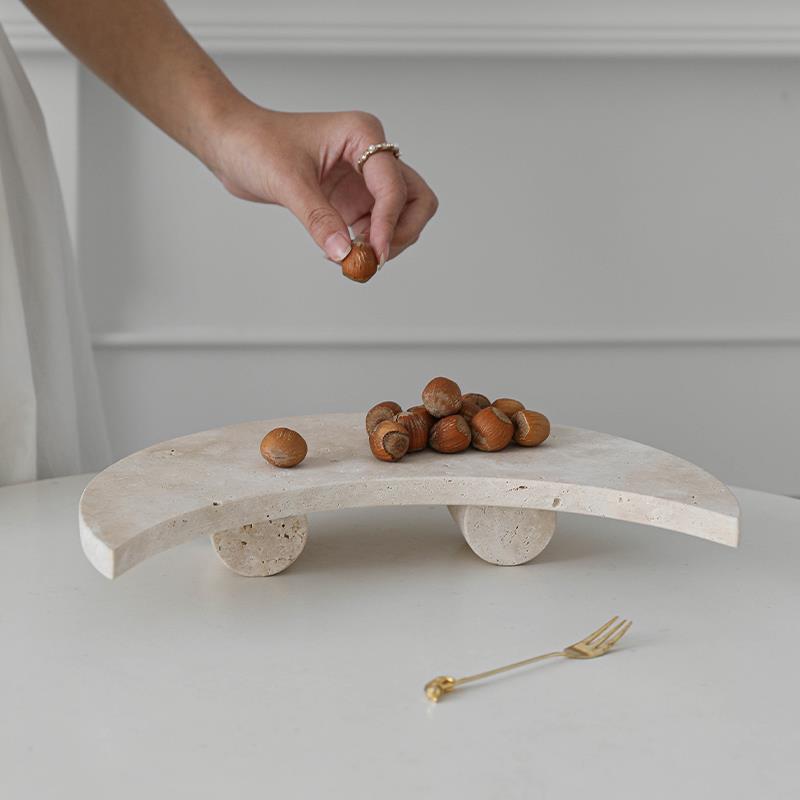 侘寂风洞石月亮置物盘桌面级D231饰收托盘首高感甜纳品台装饰摆件