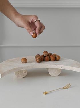 侘寂风洞石月亮置物盘桌面级D231饰收托盘首高感甜纳品台装饰摆件