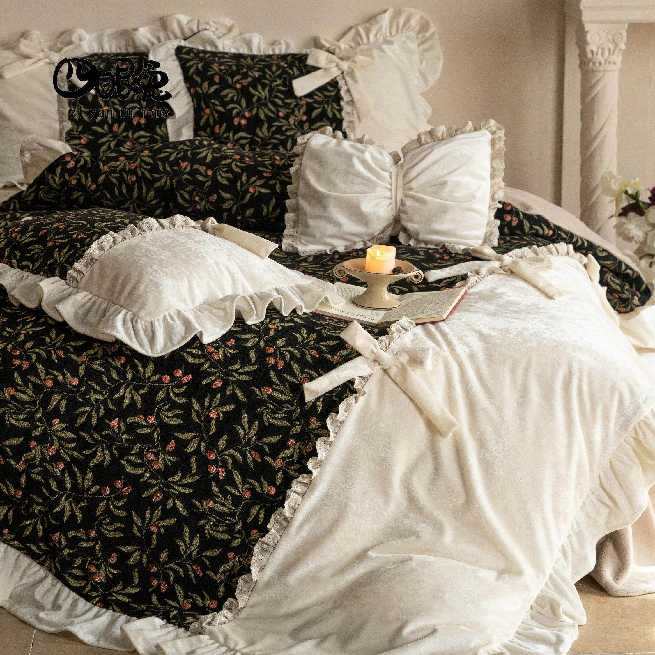 蜜糖梦露︱法式复保古少女季冬牛奶绒四件加厚RPC暖花边套蝴蝶结,床上用品,床品套件/四件套/多件套,淘宝优惠券,粉丝福利购,淘宝优惠卷