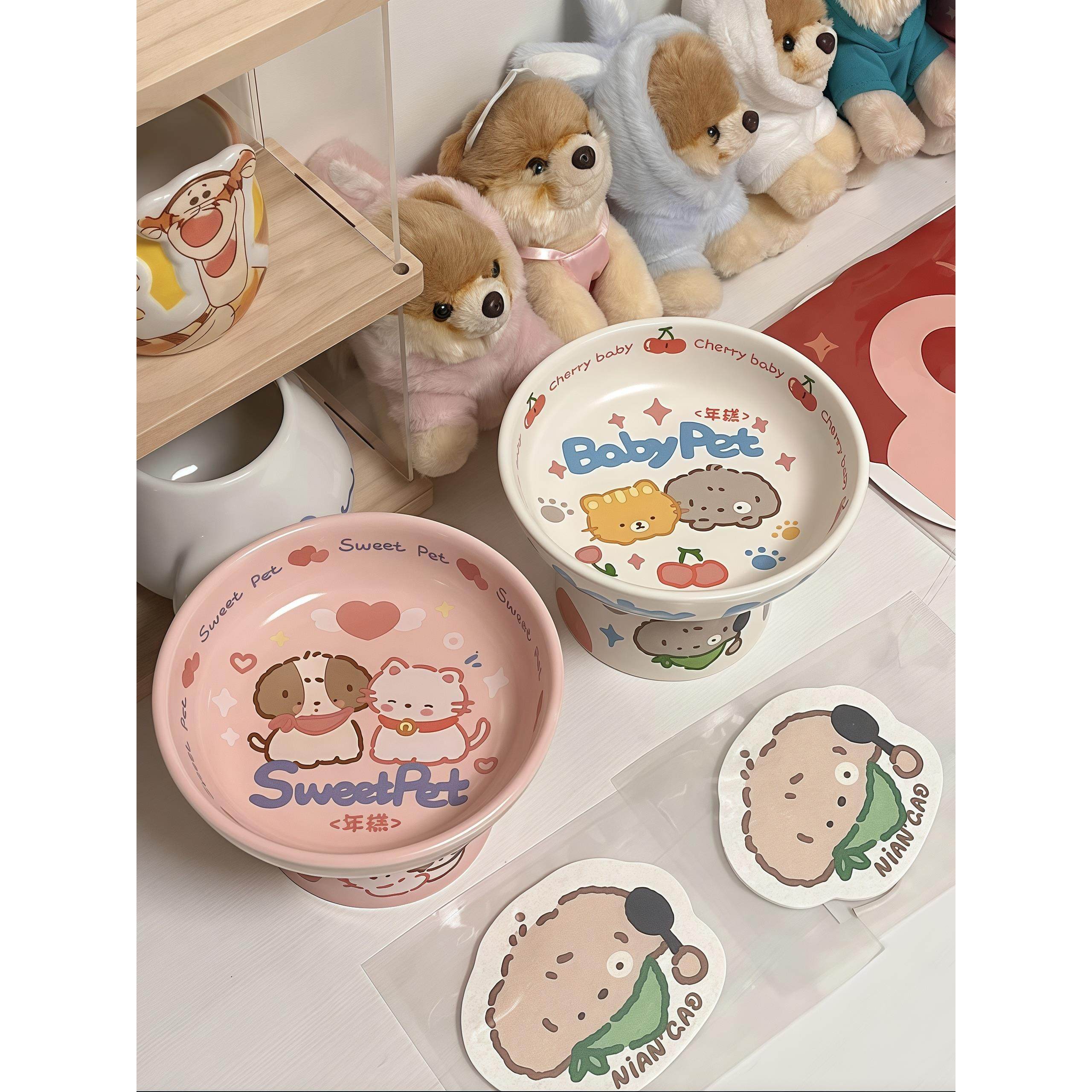 耳猫碗陶瓷大口径年糕趣飞高脚单碗碟童碗猫狗碗陶SFH瓷可爱罐头