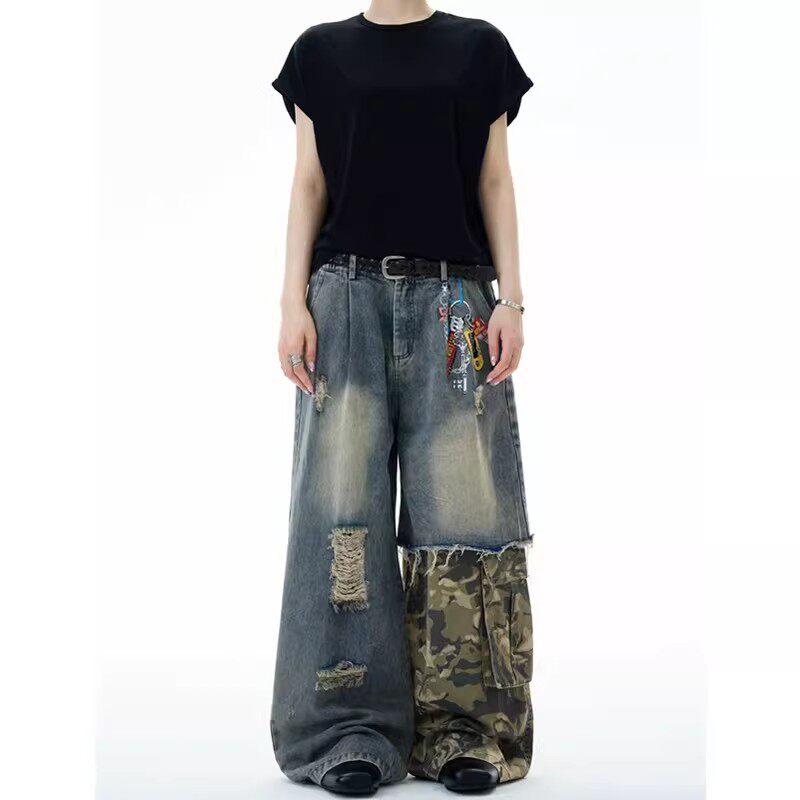 迷彩工装拼接牛仔裤男女痞帅嘻哈小众设计感做旧印花水洗破洞裤子