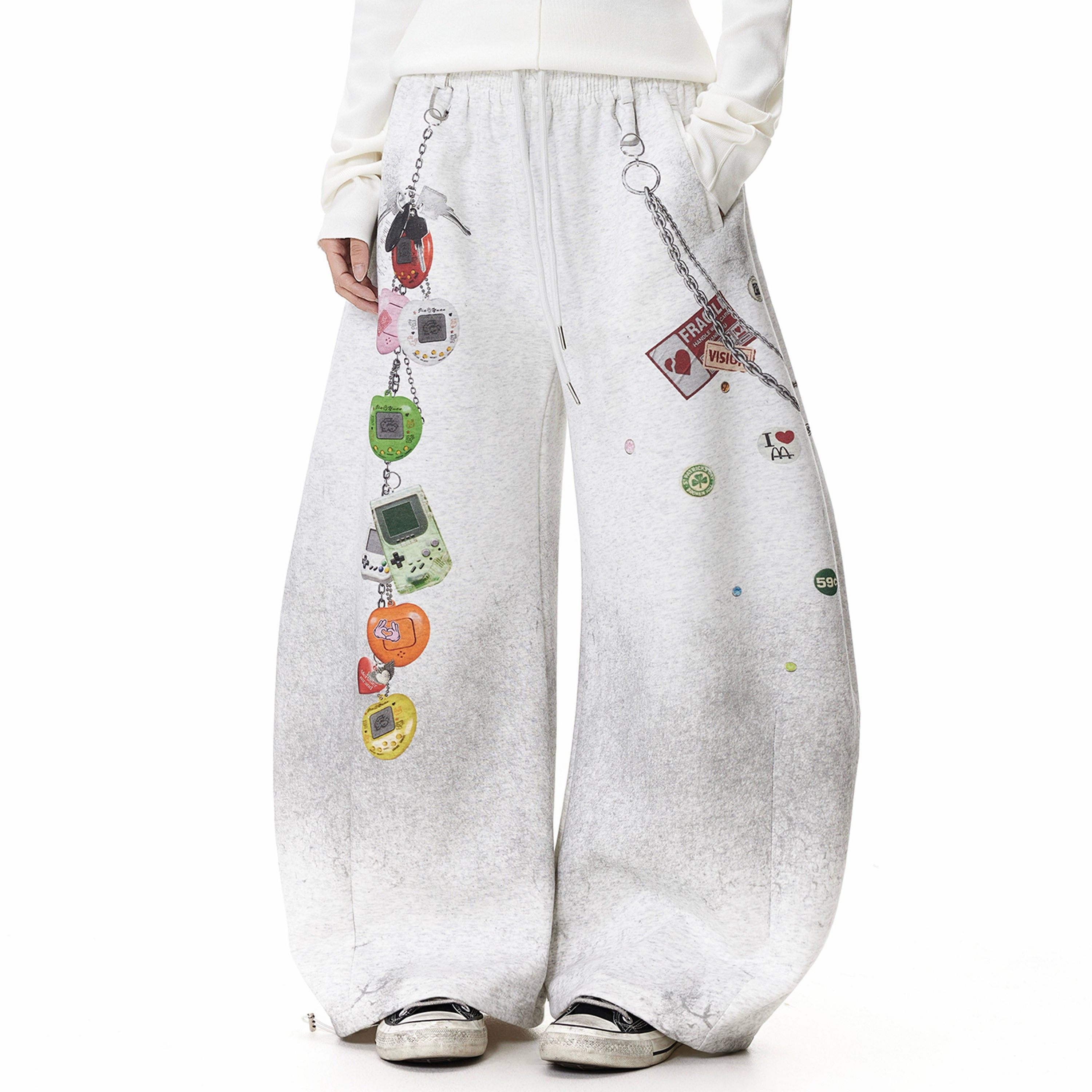 美式街头做旧趣味涂鸦弯刀裤休闲卫裤男女复古宽松阔腿设计感长裤,男装,卫裤,淘宝优惠券,粉丝福利购,淘宝优惠卷