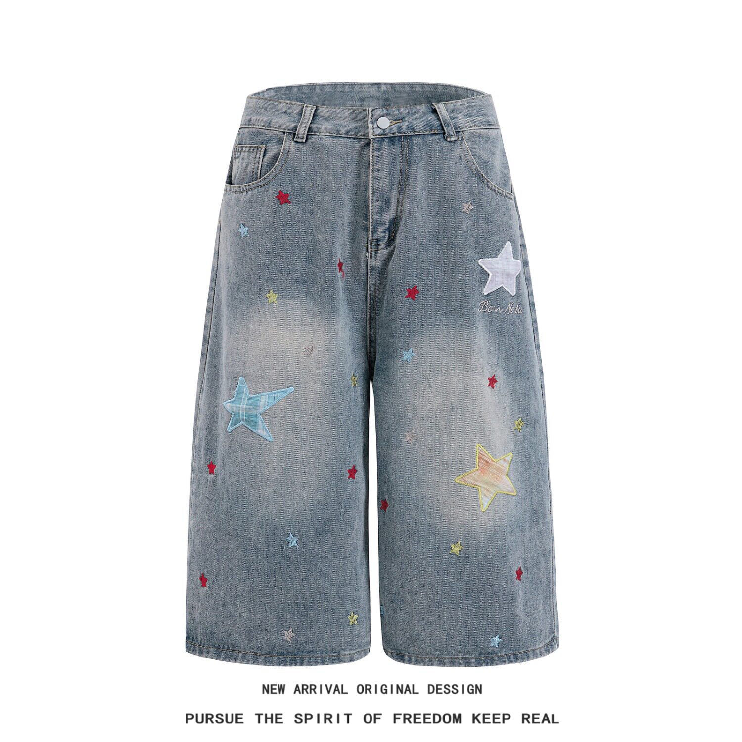 星星绣花七分牛仔裤男女夏季短裤