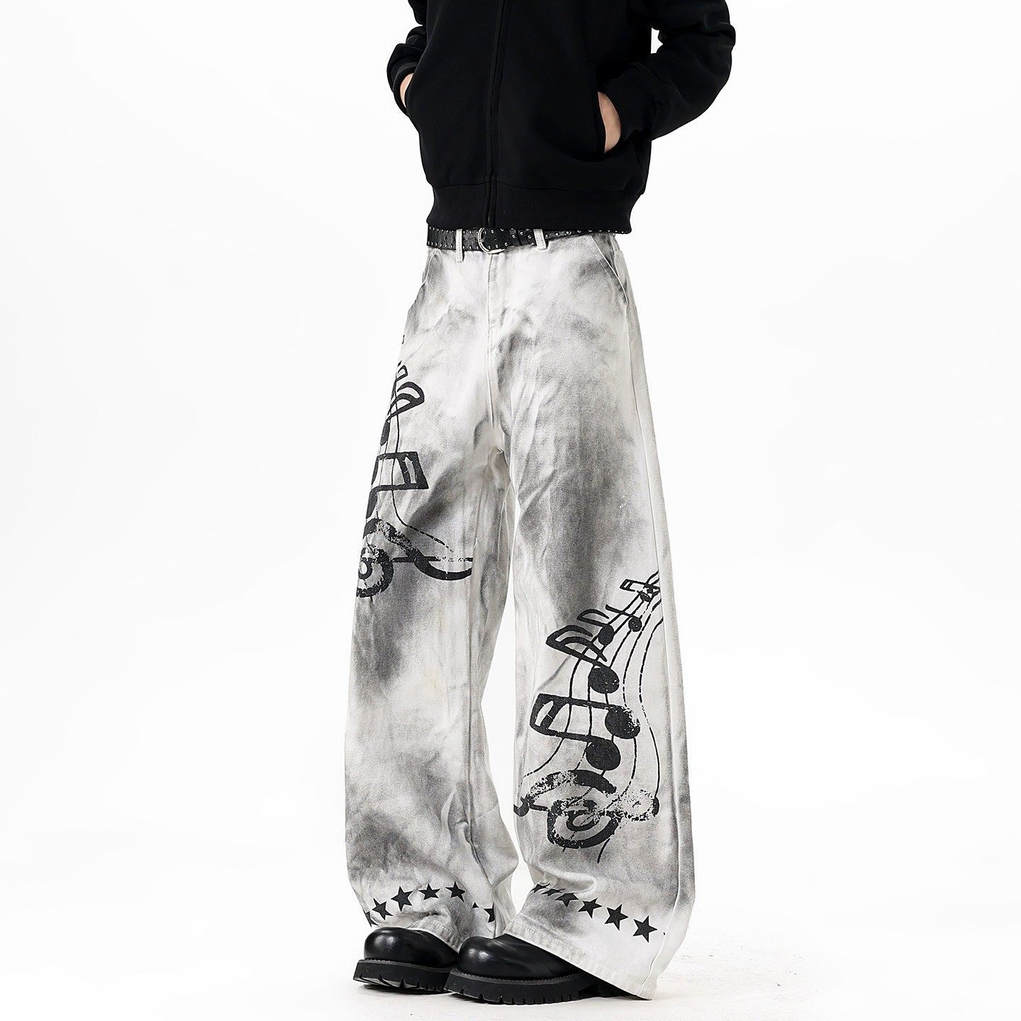 美式复古脏染印花弯刀牛仔裤男女高街潮牌滑板裤直筒宽松阔腿裤子