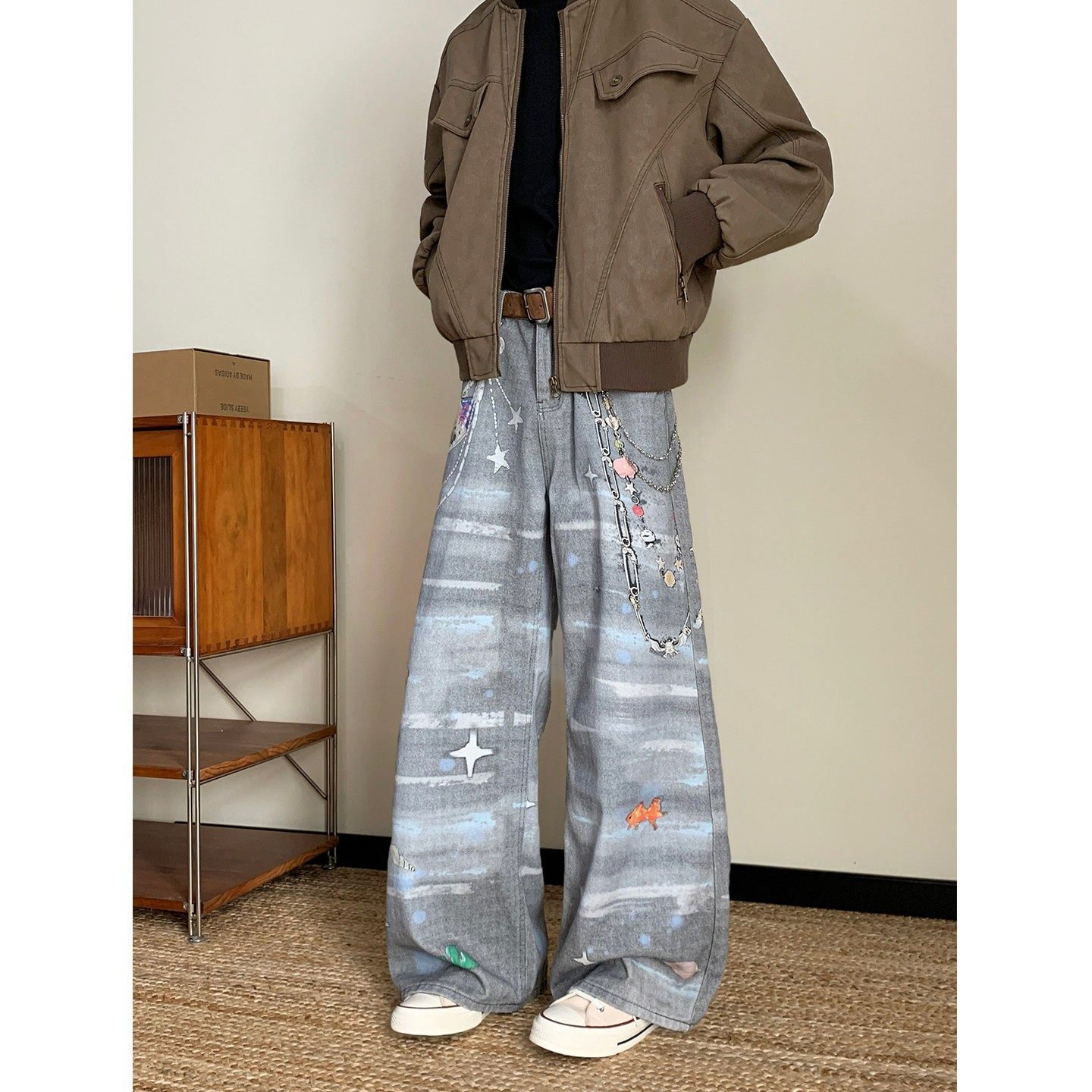 美式复古卡通海洋风数码印花牛仔裤男vintage小众做旧宽松阔腿裤,男装,牛仔裤,淘宝优惠券,粉丝福利购,淘宝优惠卷