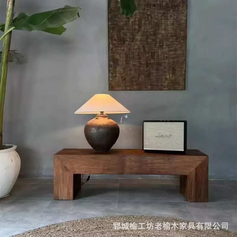 老榆木长条桌民宿家用玄关装饰桌简约卧室摆件台灯放置桌实木桌