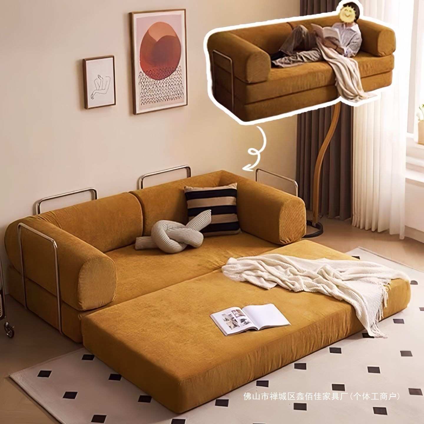 布艺压缩沙发床懒人沙发小户型客厅卧室可折叠拆洗双三人两用轻奢