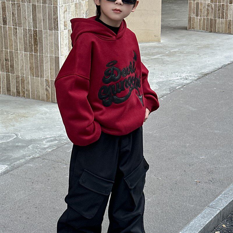 新尔2024冬季新款男童立体斜贴袋加绒工装裤一体绒宽松直筒裤时尚