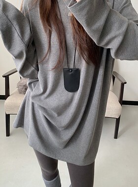 sun柚 秋冬长袖圆领宽松型T恤套头时尚黑色打底衫简约百搭纯色t恤