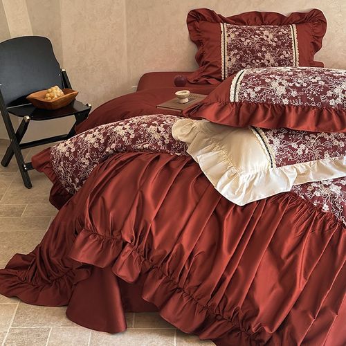 法式浪漫结婚四件套100S长绒棉刺绣红色婚庆被套床单高级床上用品