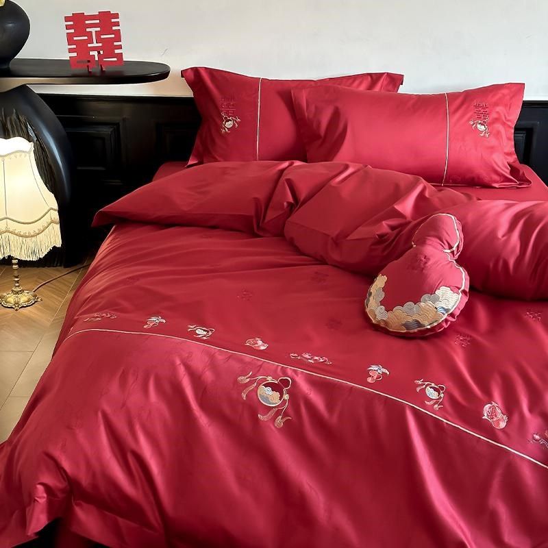 中式婚庆100S全棉长绒棉四件套福禄刺绣床单被套红色提花纯棉床品