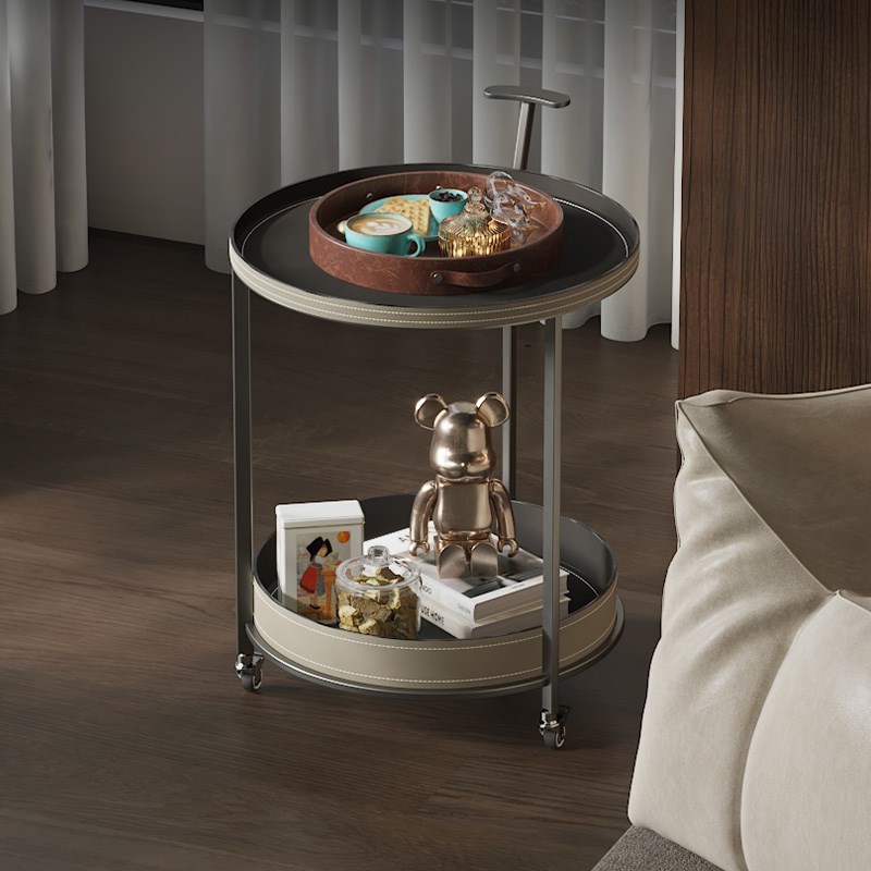 2024新款双层小推车边几意式极简马鞍皮圆形可移动沙发边几桌角几