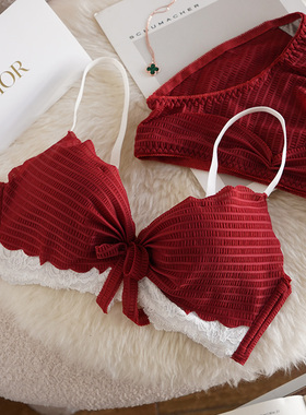 红色内衣女结婚新娘小胸聚拢胸罩无钢圈收副乳防下垂蕾丝文胸套装