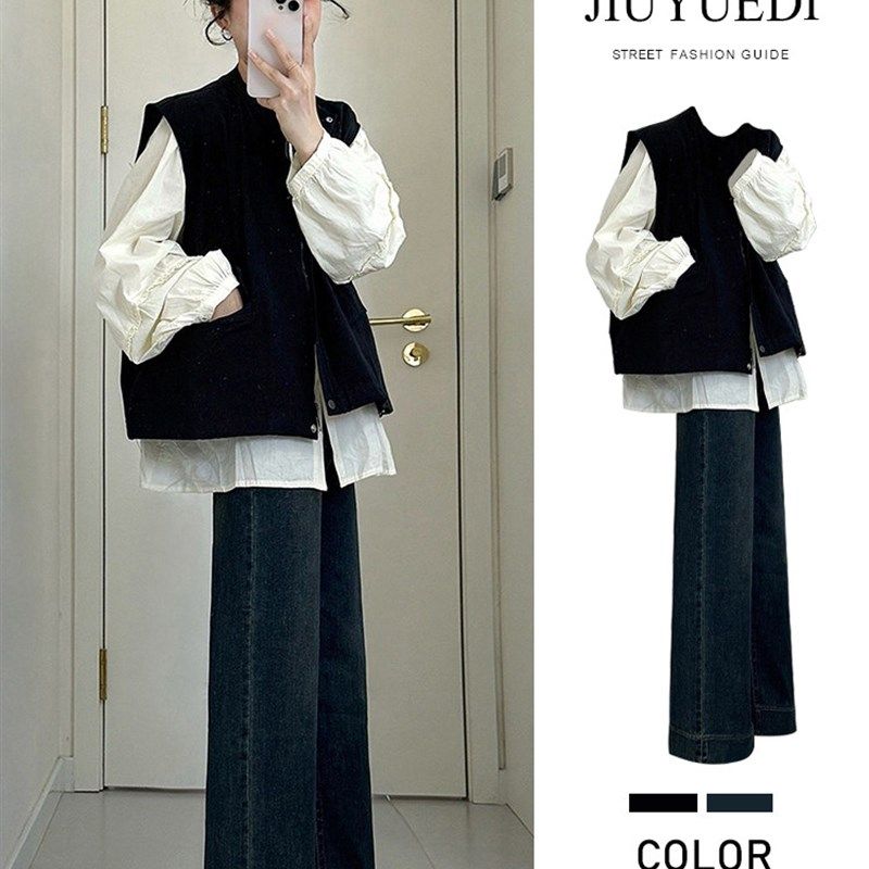 JIUYUEDI九月底韩系白长袖衬衫叠穿黑马甲直筒裤早秋文艺气质套装
