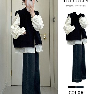 JIUYUEDI九月底韩系白长袖衬衫叠穿黑马甲直筒裤早秋文艺气质套装