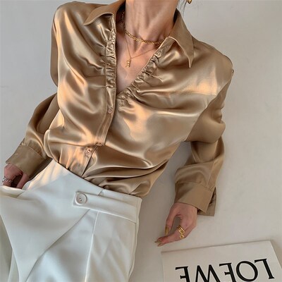 PAPERLLL辛间设计感褶皱V领缎面衬衫女简约气质宽松显瘦百搭衬衣