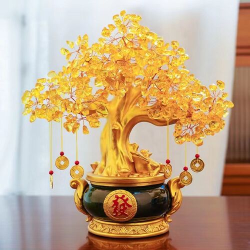 黄水晶聚宝盆发财树招财摆件摇钱树办公室店铺酒柜装饰品开业礼品