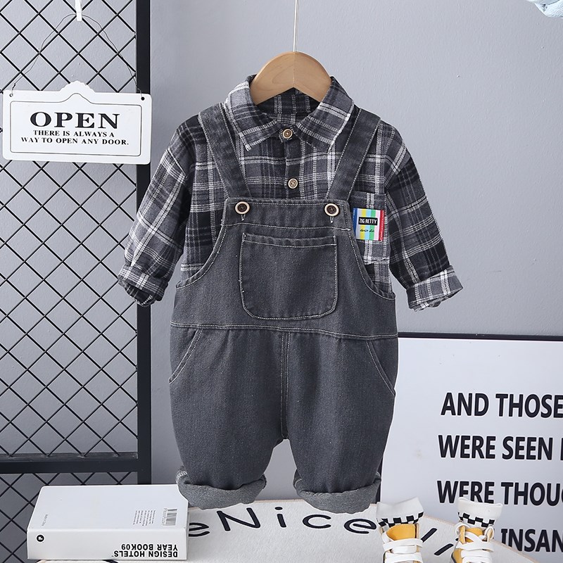 男童春秋牛仔抱婴袋裤套装2025新款洋派宝宝儿童磨毛格子衬衣两件