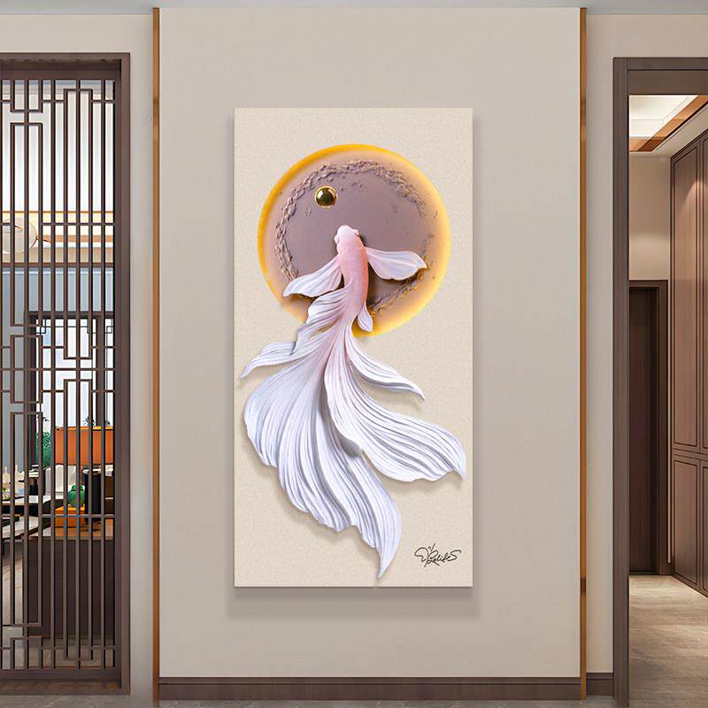 福雕锦鲤鱼3d关立体装玄饰 画正画对门过道浮雕画 画挂画 画客厅