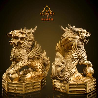 ZSD铜麟摆件公母一纯黄铜镇招财麒麟对八卦办公室宅客麒厅乔迁装