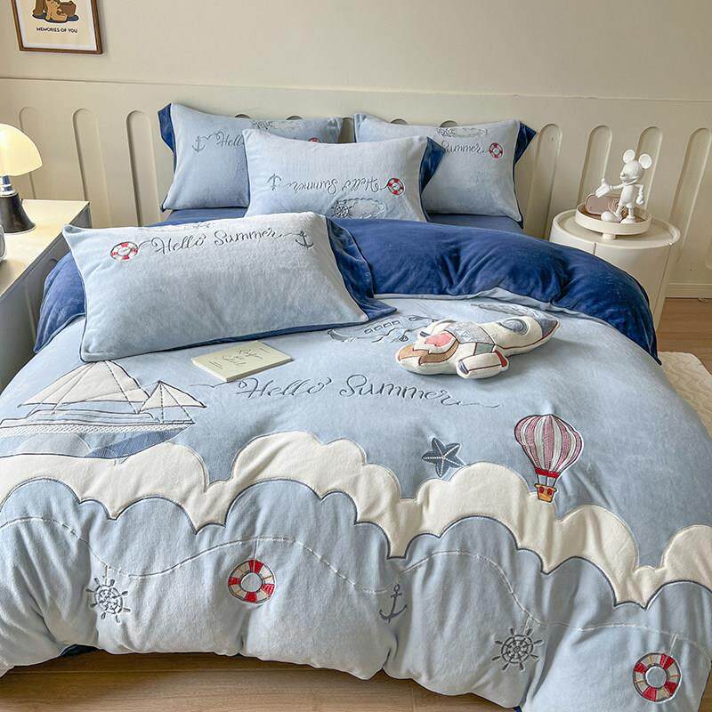 卡通航海家牛奶AAI绒四件冬套天厚保暖珊瑚绒被套儿男孩童床上加
