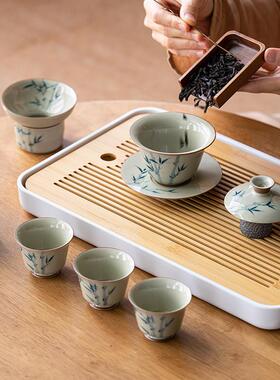 画续草木灰手绘子碗盖功草木灰手茶具套组家用夫客厅喝茶杯竹带茶