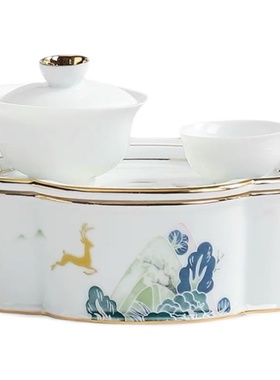 便携式功夫茶具精致羊脂玉盖碗茶杯茶盘白瓷家用陶瓷户外旅行套装