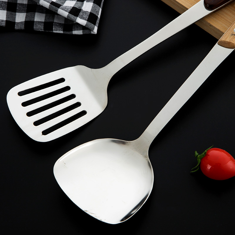 炒锅铲子不锈钢加厚家用厨房汤勺煎铲漏铲三件套木柄炒菜铁锅铲子