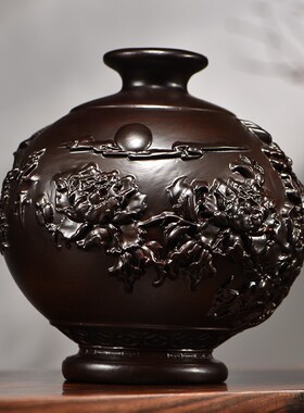 黑檀木雕刻花开富贵花瓶摆件客厅插花装饰家居实木质中式开业礼品