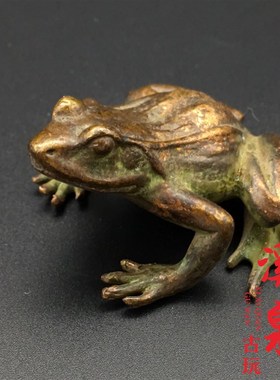 纯黄铜实心复古微雕青蛙小摆件迷你铜青蛙茶宠小摆件古玩杂项收藏