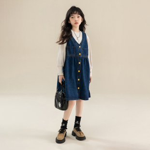 童装女童夏季背带裙春秋季新款2023女大童牛仔裙女孩连衣裙A字裙