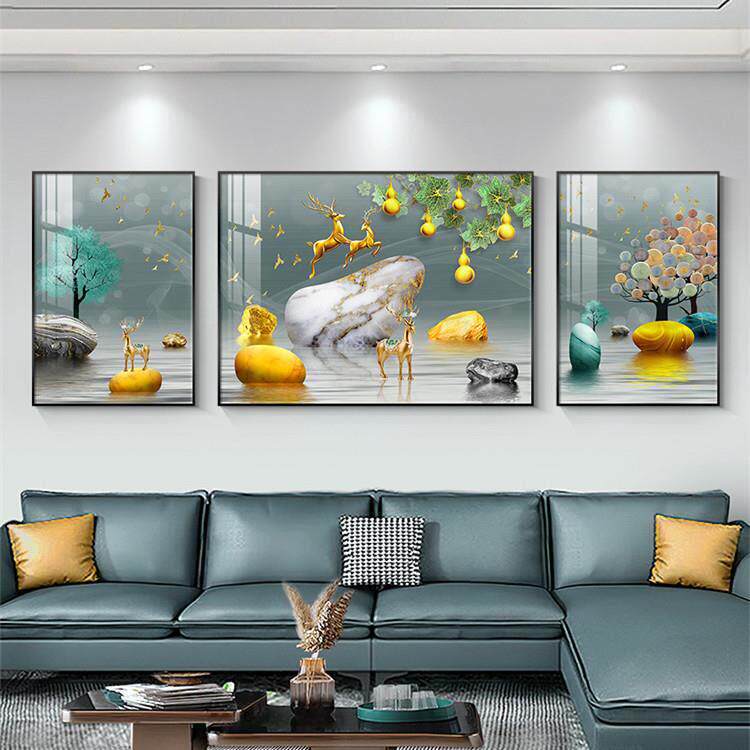 客厅装饰画高档轻奢大气沙发背景墙挂画三联画现代简约墙上壁画鹿