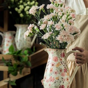 艺术干花 高级陶瓷花瓶摆件风轻奢雪客厅田园创意插花柳感复古法式