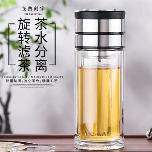 旋转双层玻璃茶水分离泡茶杯男女士带盖过滤网便携水杯家用茶杯子