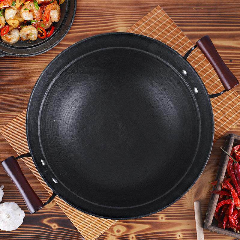 老式双耳手工生铁锅传统圆底加深铸铁炖锅家用炒菜锅加厚无涂层锅