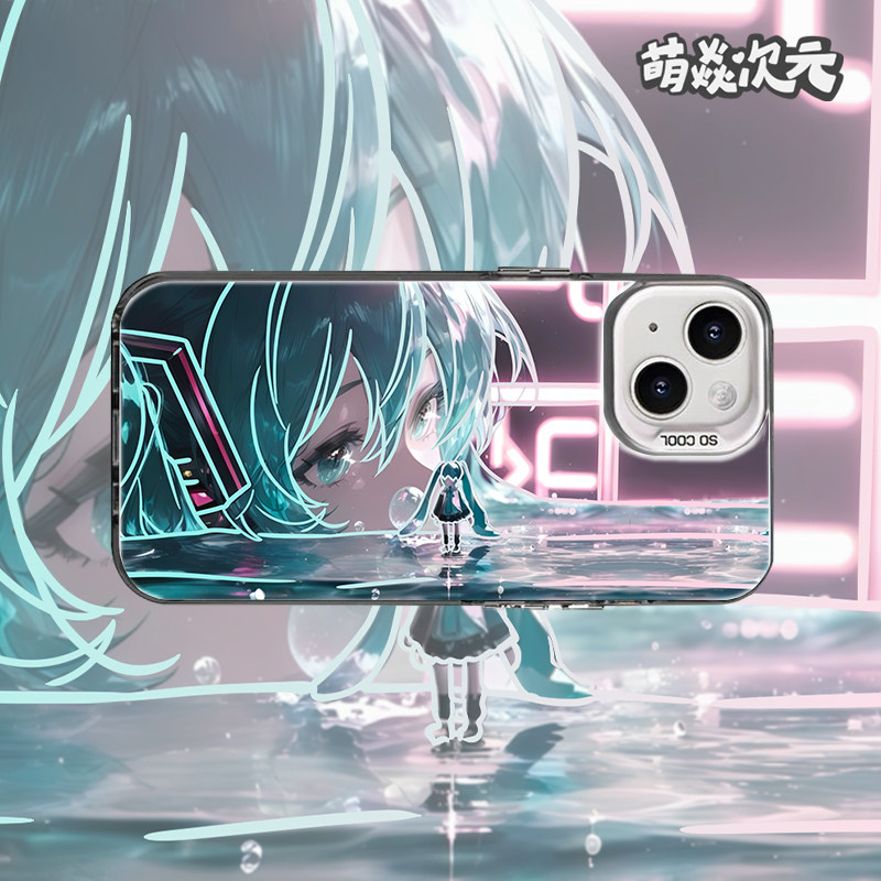 初音未来线条反光二次元适用小众苹果华为荣耀VIVO小米OPPO魅族一加动漫高级感彩银轻磨砂全包防摔手机壳图片