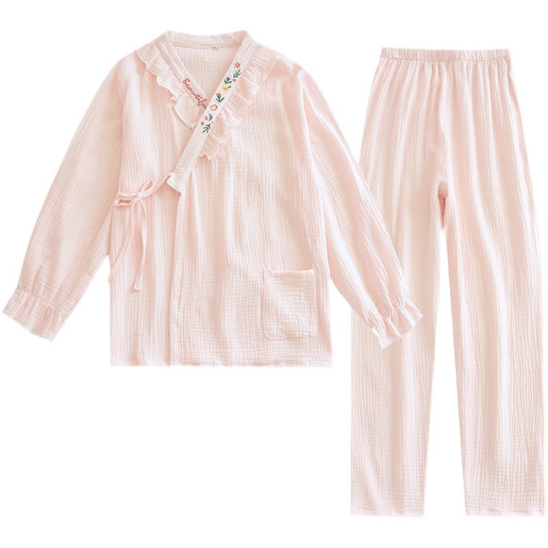 春夏日式和服纯棉绉布睡衣女士长袖长裤秋季家居服宽松花边长套装