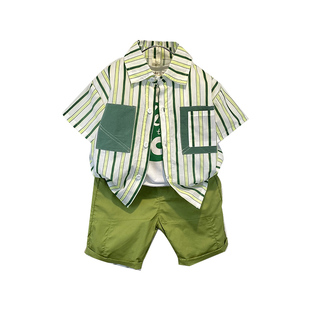 男童夏装套装时髦背心短袖衬衫短裤2023新款洋气帅宝宝儿童薄衣服