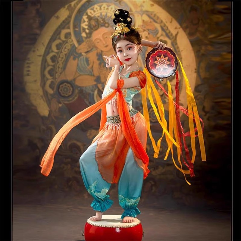敦煌飞天儿童古典舞反弹琵琶表演服女童飘逸中国风汉服舞蹈演出服