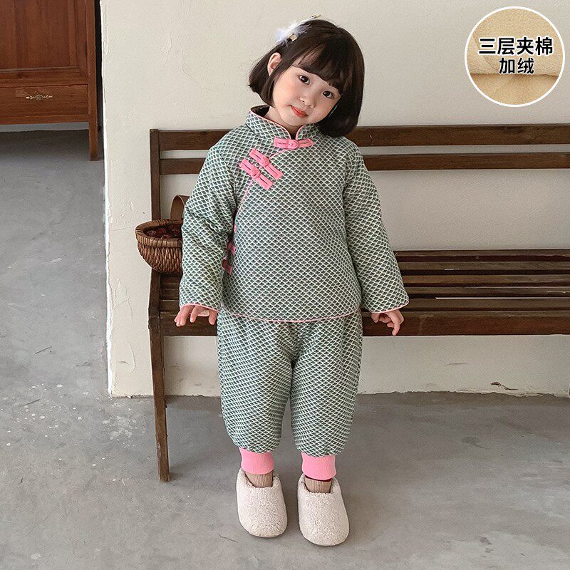 女童唐装中国风儿童拜年汉服冬季加绒宝宝过新年喜庆衣服棉服套装