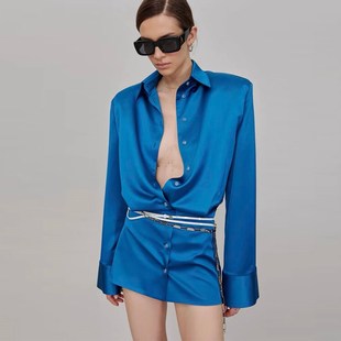 衬衫连衣裙2024春秋新款深蓝色长袖修身显瘦气质短款紧身包臀裙女