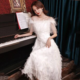 一字肩晚礼服女白色法式轻婚纱订婚领证登记羽毛小个子新娘连衣裙
