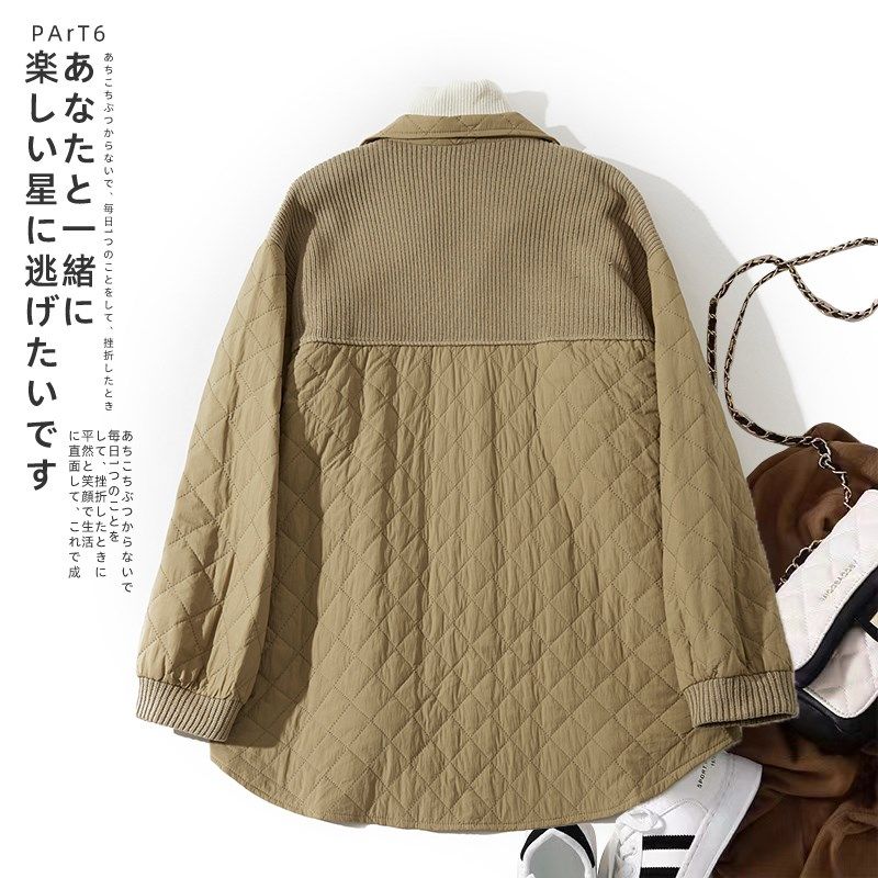 设计感针织拼接夹棉衬衫女秋冬胖妹妹宽松休闲百搭保暖棉服外套潮