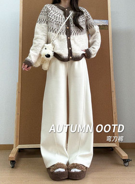 白色加绒弯刀阔腿裤子女冬季2025新款高腰宽松显瘦加厚休闲运动裤