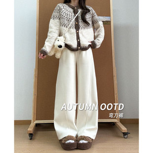 白色加绒弯刀阔腿裤子女冬季2025新款高腰宽松显瘦加厚休闲运动裤