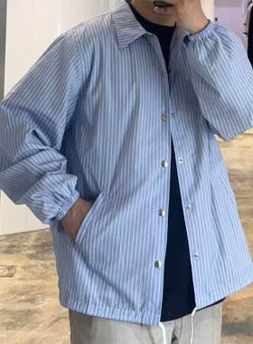 CD权志龙同款韩版新款蓝色条纹背后字母印花宽松休闲长袖衬衫外套