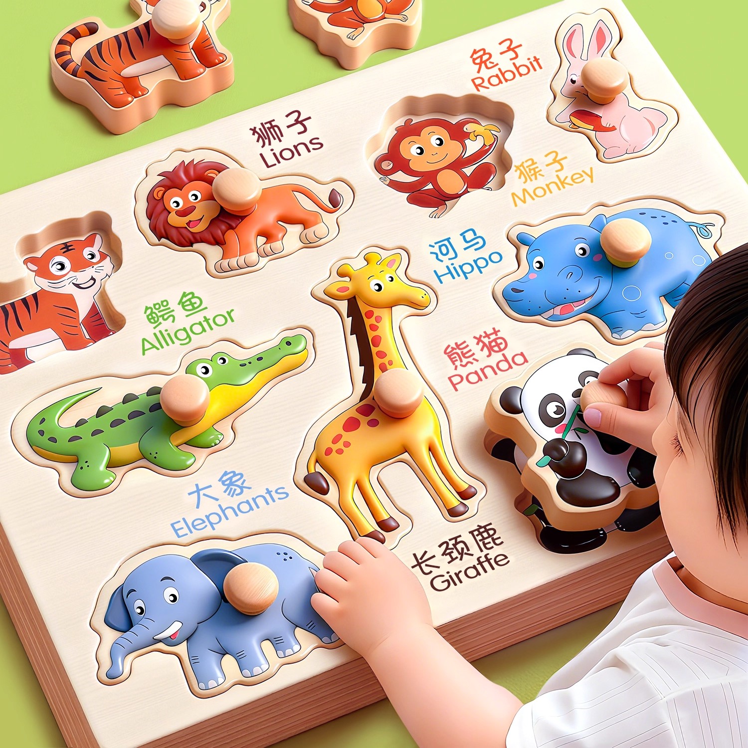 手抓板拼图1到3岁蒙氏早教嵌板婴幼儿童动物认知配对益智积木玩具