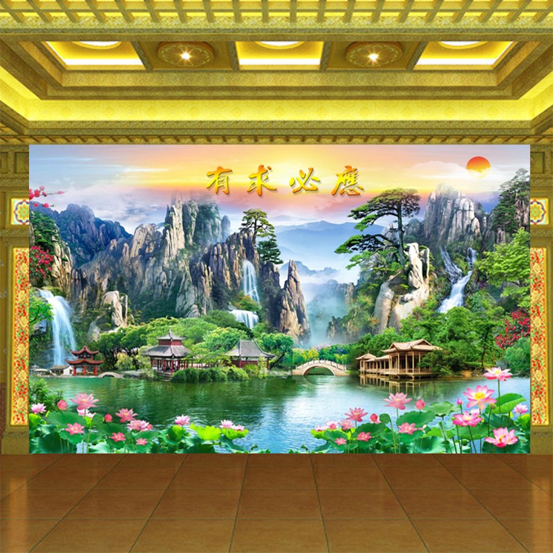 仙堂有求必应山水风景画背景墙纸流水生财庭院荷花壁纸佛道仙壁画